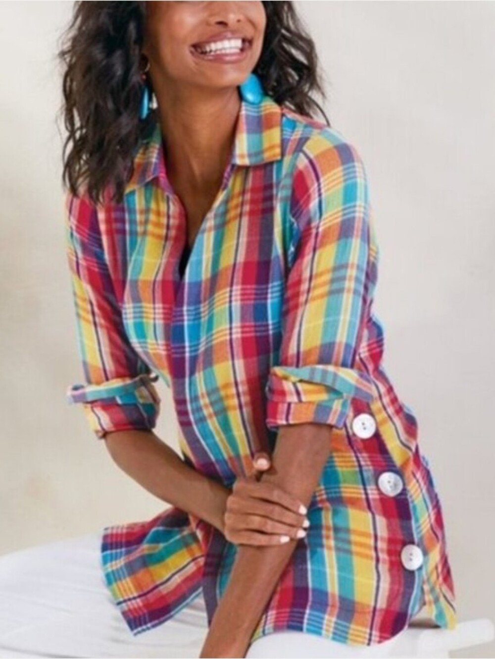 Soft Surroundings Kona Shores Blouse Size Medium Plaid Cotton Gauze Cottage